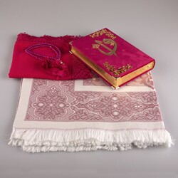 Shawl + Prayer Mat + Salah Beads + Velvet Bound Quran Gift Set (Hafiz Size, Fuchsia Pink) - Thumbnail
