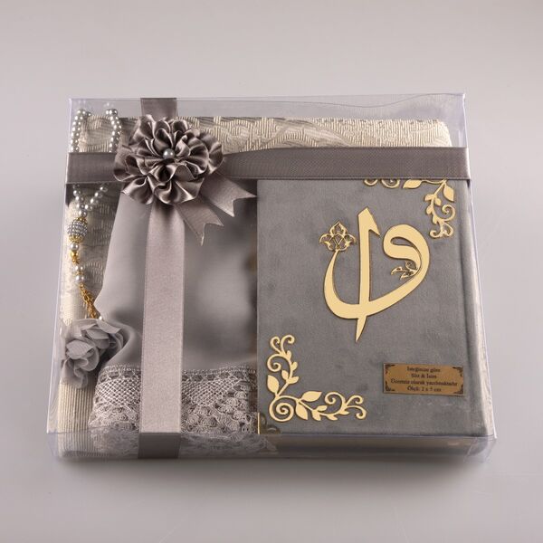 Shawl + Prayer Mat + Salah Beads + Velvet Bound Quran Gift Set (Hafiz Size, Grey)