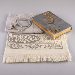 Shawl + Prayer Mat + Salah Beads + Velvet Bound Quran Gift Set (Hafiz Size, Grey) - Thumbnail