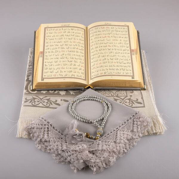 Shawl + Prayer Mat + Salah Beads + Velvet Bound Quran Gift Set (Hafiz Size, Grey)