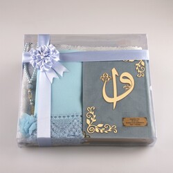 Shawl + Prayer Mat + Salah Beads + Velvet Bound Quran Gift Set (Hafiz Size, Light Blue) - Thumbnail
