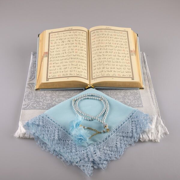 Shawl + Prayer Mat + Salah Beads + Velvet Bound Quran Gift Set (Hafiz Size, Light Blue)