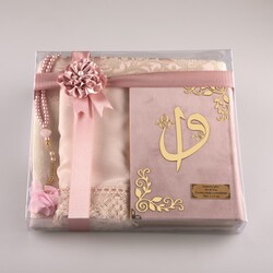 Shawl + Prayer Mat + Salah Beads + Velvet Bound Quran Gift Set (Hafiz Size, Powder Pink) - Thumbnail