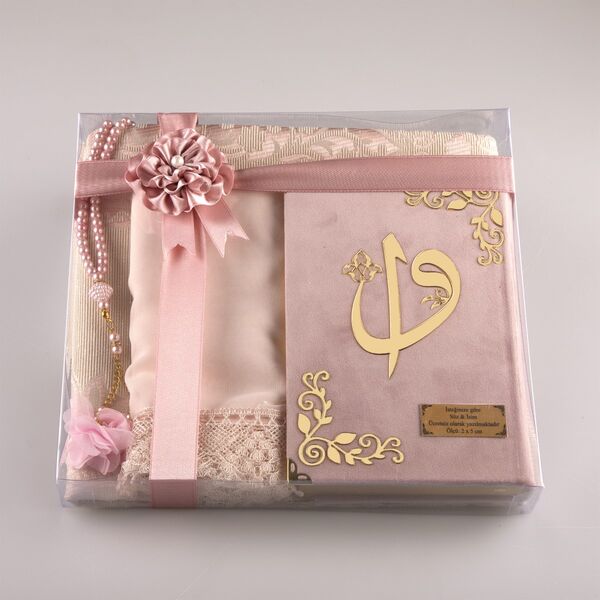 Shawl + Prayer Mat + Salah Beads + Velvet Bound Quran Gift Set (Hafiz Size, Powder Pink)