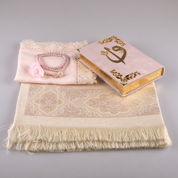 Shawl + Prayer Mat + Salah Beads + Velvet Bound Quran Gift Set (Hafiz Size, Powder Pink)