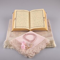 Shawl + Prayer Mat + Salah Beads + Velvet Bound Quran Gift Set (Hafiz Size, Powder Pink) - Thumbnail