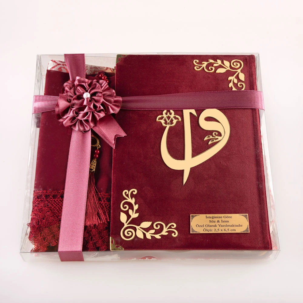 Shawl + Prayer Mat + Salah Beads + Velvet Bound Quran Gift Set (Hafiz Size, Red)