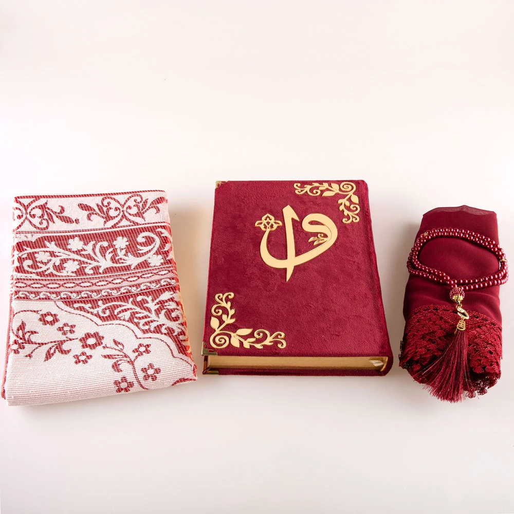 Shawl + Prayer Mat + Salah Beads + Velvet Bound Quran Gift Set (Hafiz Size, Red)