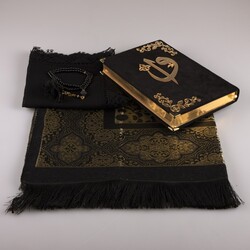 Shawl + Prayer Mat + Salah Beads + Velvet Bound Quran Gift Set (Medium Size, Black1) - Thumbnail