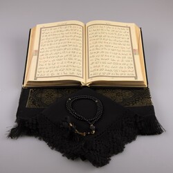 Shawl + Prayer Mat + Salah Beads + Velvet Bound Quran Gift Set (Medium Size, Black1) - Thumbnail