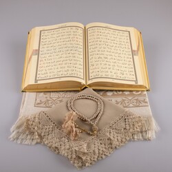 Shawl + Prayer Mat + Salah Beads + Velvet Bound Quran Gift Set (Medium Size, Gold1) - Thumbnail