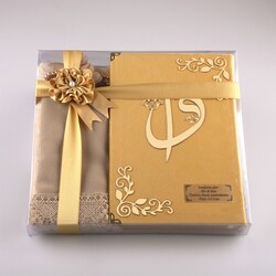Shawl + Prayer Mat + Salah Beads + Velvet Bound Quran Gift Set (Medium Size, Gold1) - Thumbnail