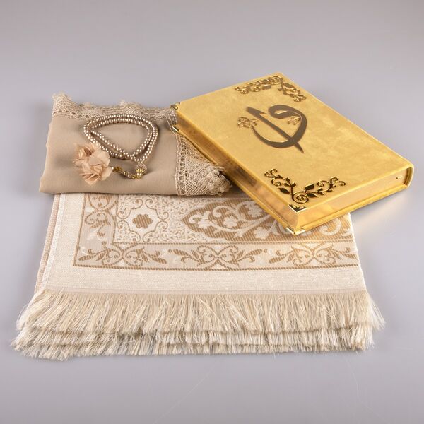 Shawl + Prayer Mat + Salah Beads + Velvet Bound Quran Gift Set (Medium Size, Gold1)