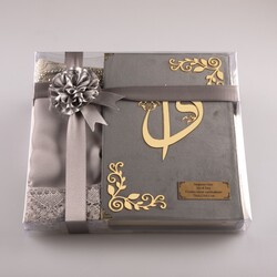 Shawl + Prayer Mat + Salah Beads + Velvet Bound Quran Gift Set (Medium Size, Grey) - Thumbnail