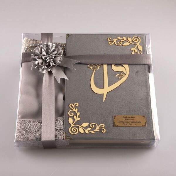 Shawl + Prayer Mat + Salah Beads + Velvet Bound Quran Gift Set (Medium Size, Grey)