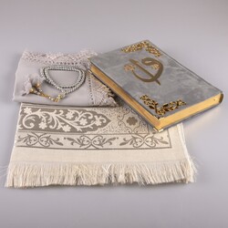 Shawl + Prayer Mat + Salah Beads + Velvet Bound Quran Gift Set (Medium Size, Grey) - Thumbnail