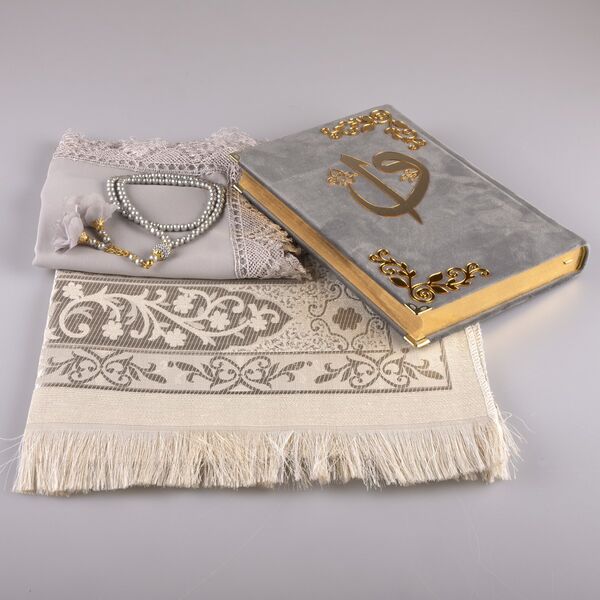 Shawl + Prayer Mat + Salah Beads + Velvet Bound Quran Gift Set (Medium Size, Grey)