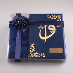 Shawl + Prayer Mat + Salah Beads + Velvet Bound Quran Gift Set (Medium Size, Navy Blue) - Thumbnail