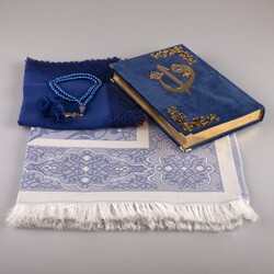 Shawl + Prayer Mat + Salah Beads + Velvet Bound Quran Gift Set (Medium Size, Navy Blue) - Thumbnail