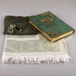 Shawl + Prayer Mat + Salah Beads + Velvet Bound Quran Gift Set (Medium Size, Olive Green) - Thumbnail