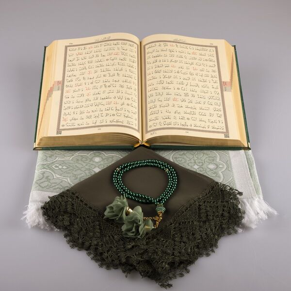 Shawl + Prayer Mat + Salah Beads + Velvet Bound Quran Gift Set (Medium Size, Olive Green)