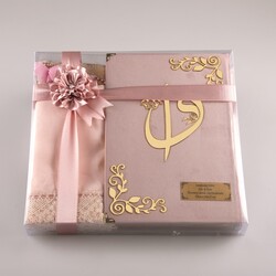 Shawl + Prayer Mat + Salah Beads + Velvet Bound Quran Gift Set (Medium Size, Powder Pink) - Thumbnail