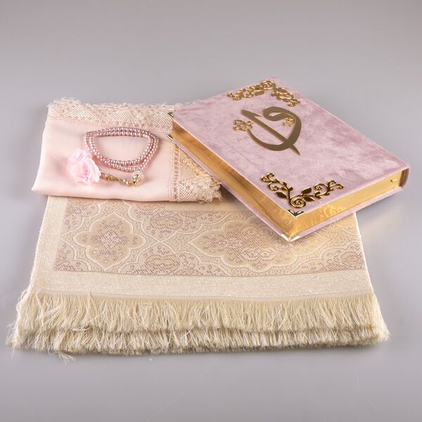 Shawl + Prayer Mat + Salah Beads + Velvet Bound Quran Gift Set (Medium Size, Powder Pink)