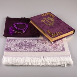 Shawl + Prayer Mat + Salah Beads + Velvet Bound Quran Gift Set (Medium Size, Purple) - Thumbnail