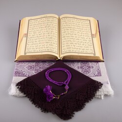 Shawl + Prayer Mat + Salah Beads + Velvet Bound Quran Gift Set (Medium Size, Purple) - Thumbnail
