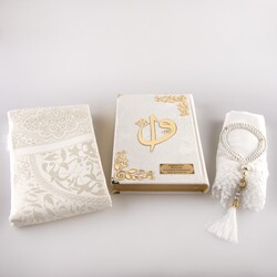 Shawl + Prayer Mat + Salah Beads + Velvet Bound Quran Gift Set (Medium Size, White1) - Thumbnail