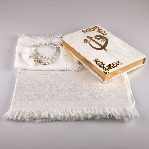 Shawl + Prayer Mat + Salah Beads + Velvet Bound Quran Gift Set (Medium Size, White1)