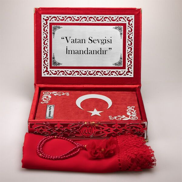 Shawl + Salah Beads + Crescent and Star Quran Gift Set (Medium Size, Red, Silver Plexy)