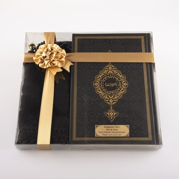 Shawl + Salah Beads + Quran Gift Set (Bag Size, Black)