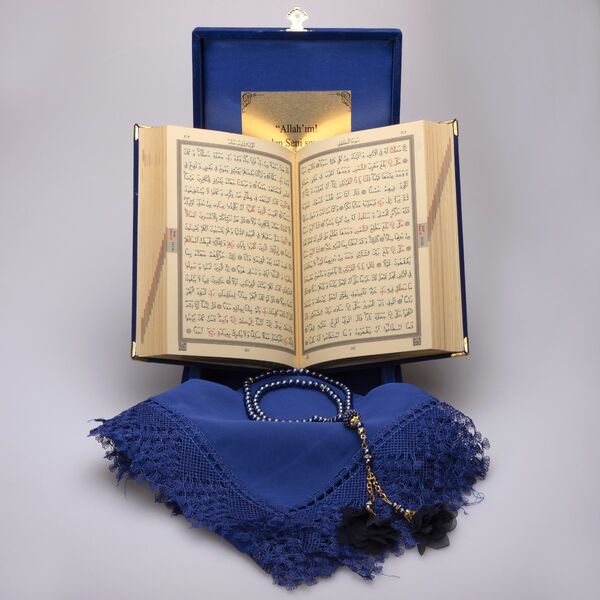 Shawl + Salah Beads + Quran Gift Set (Bag Size, Box, Dark Blue)