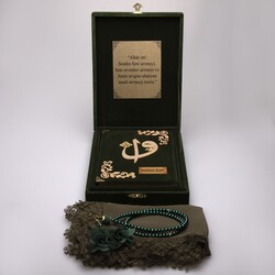 Shawl + Salah Beads + Quran Gift Set (Bag Size, Box, Green) - Thumbnail