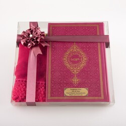 Shawl + Salah Beads + Quran Gift Set (Bag Size, Fuchsia Pink) - Thumbnail