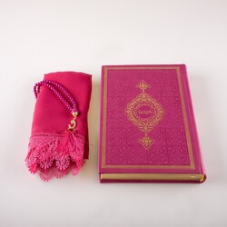 Shawl + Salah Beads + Quran Gift Set (Bag Size, Fuchsia Pink) - Thumbnail