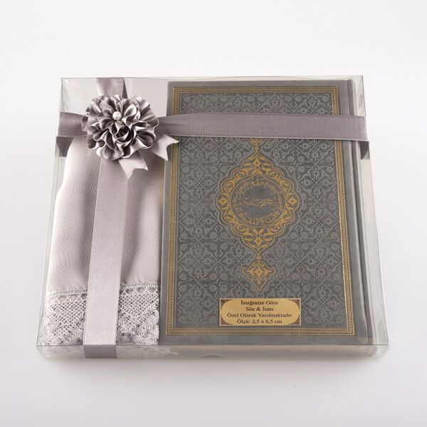 Shawl + Salah Beads + Quran Gift Set (Bag Size, Grey)