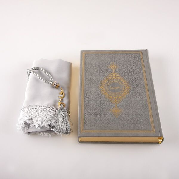Shawl + Salah Beads + Quran Gift Set (Bag Size, Grey)