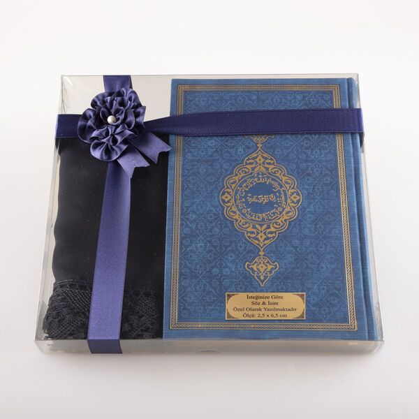 Shawl + Salah Beads + Quran Gift Set (Bag Size, Navy Blue)