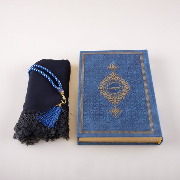 Shawl + Salah Beads + Quran Gift Set (Bag Size, Navy Blue)