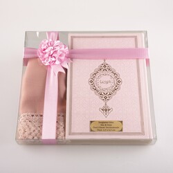 Shawl + Salah Beads + Quran Gift Set (Bag Size, Powder Pink) - Thumbnail