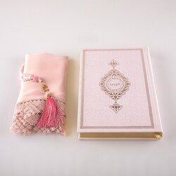Shawl + Salah Beads + Quran Gift Set (Bag Size, Powder Pink) - Thumbnail