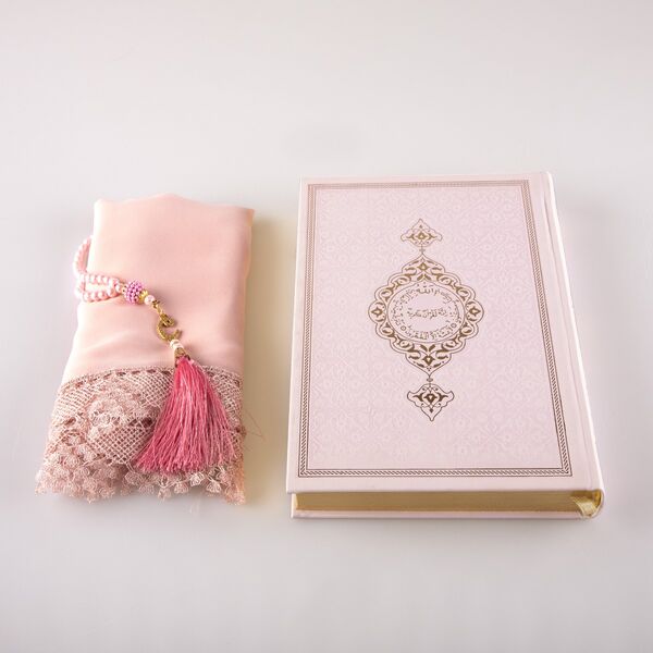Shawl + Salah Beads + Quran Gift Set (Bag Size, Powder Pink)