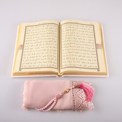 Shawl + Salah Beads + Quran Gift Set (Bag Size, Powder Pink) - Thumbnail