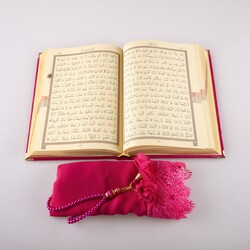 Shawl + Salah Beads + Quran Gift Set (Bag Size, Velvet, Fuchsia Pink) - Thumbnail