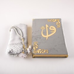 Shawl + Salah Beads + Quran Gift Set (Bag Size, Velvet, Grey) - Thumbnail