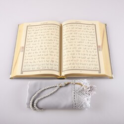 Shawl + Salah Beads + Quran Gift Set (Bag Size, Velvet, Grey) - Thumbnail