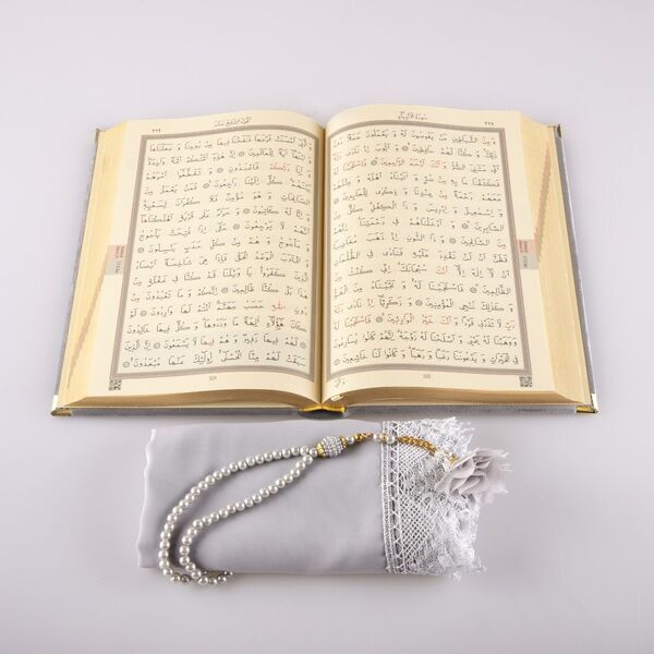Shawl + Salah Beads + Quran Gift Set (Bag Size, Velvet, Grey)