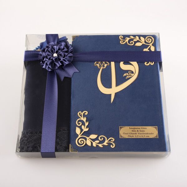 Shawl + Salah Beads + Quran Gift Set (Bag Size, Velvet, Navy Blue)